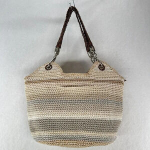 The Sak Neutral Striped Woven Shoulder Bag with Brown Braided Handles